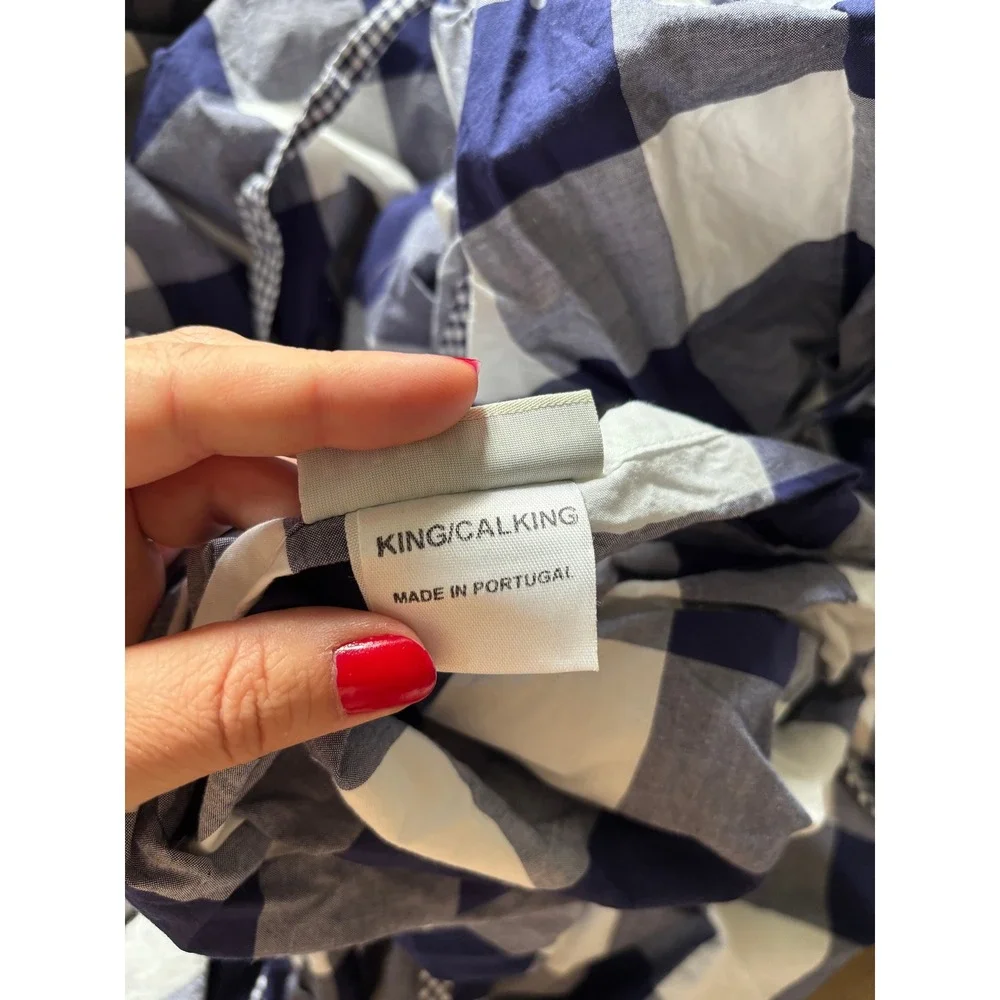 Pottery Barn King Duvet Cotton Blue White Buffalo Check Coastal Classic Preppy